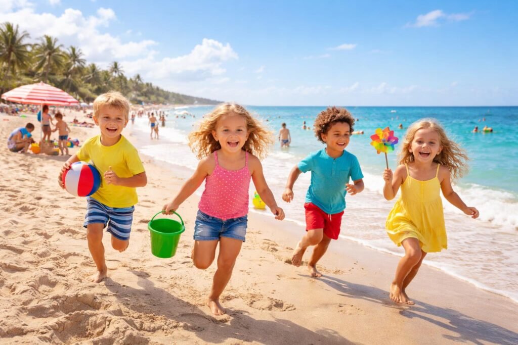 Vidám gyerekek játszanak a napsütötte strandon örömmel